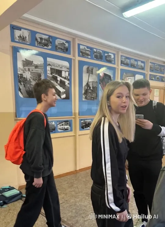 Girl Kisses Boys in School Corridor with Historical Photos – AI Generated Video | Hailuo AI
