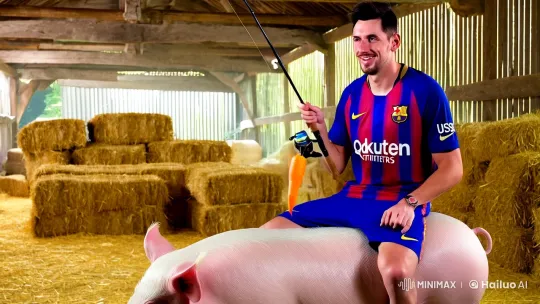 Lionel Messi in Surreal Farm Scene with Pig and Fishing Rod – AI Generated Video | Hailuo AI