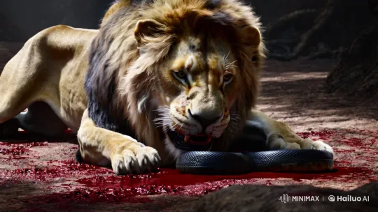 Bloodstained Lion Holds Fatal Prey in Stark Wilderness – AI Generated Video | Hailuo AI