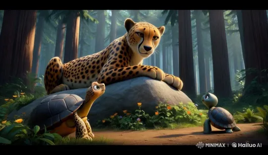 Cheetah Observes Curious Baby Turtle in Peaceful Forest – AI Generated Video | Hailuo AI