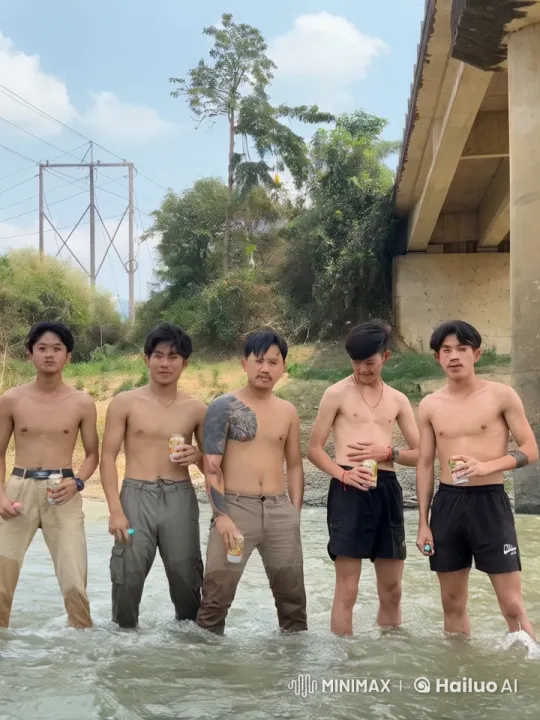 Five Men Brawl in River Under Bridge Scene – AI Generated Video | Hailuo AI