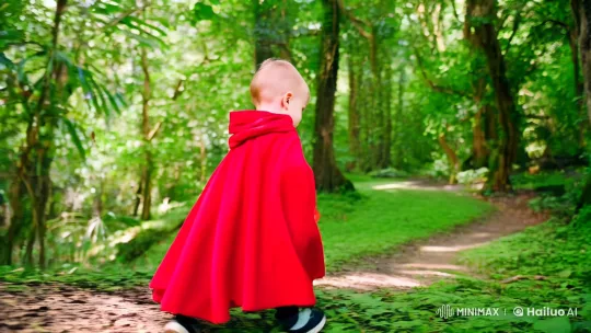 Boy in Red Cloak Enacts Swordsman in Enchanted Forest – AI Generated Video | Hailuo AI