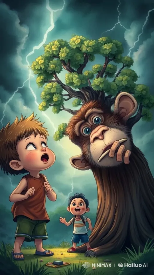Animated Video: Children and Monkey-Faced Tree in Stormy Scene – AI Generated Video | Hailuo AI