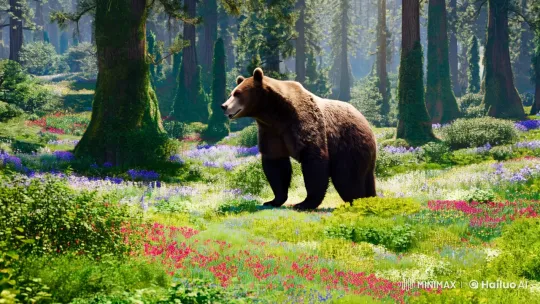 Bear's Graceful Stroll Turns Dramatic in Forest Scene – AI Generated Video | Hailuo AI