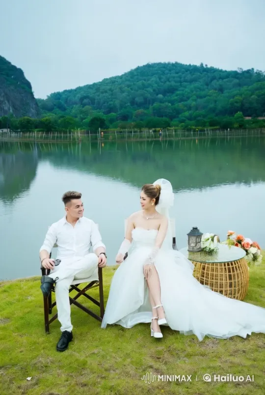 Wedding Couple's Playful Tumble by the Lake – AI Generated Video | Hailuo AI