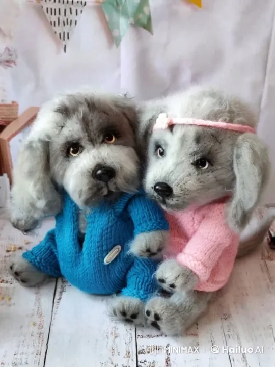 Plush Grey Dogs in Cozy Knitwear Display Companionship – AI Generated Video | Hailuo AI