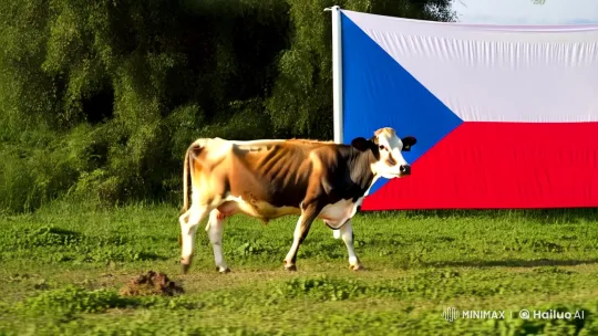 Serene Cow in Sunlit Field with Indonesian Flag – AI Generated Video | Hailuo AI