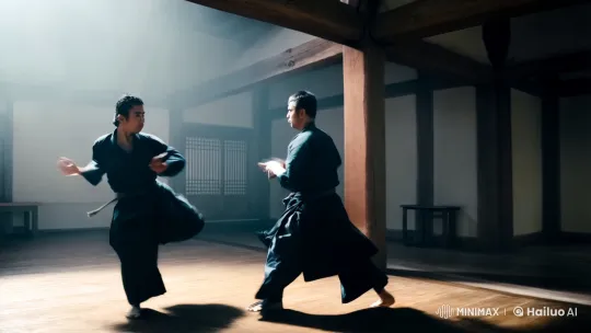 Martial Arts Duel in Atmospheric Dojo – AI Generated Video | Hailuo AI