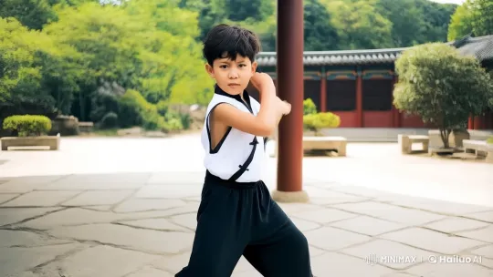 Young Boy Practices Kung Fu in Serene Outdoor Setting – AI Generated Video | Hailuo AI