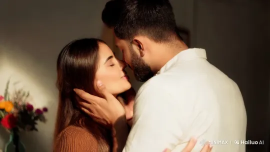 Intimate Embrace: Couple Shares Passionate Kiss in Soft Light – AI Generated Video | Hailuo AI