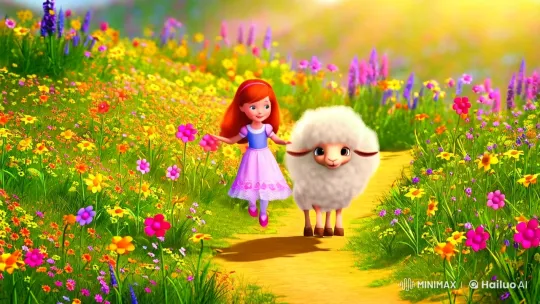 Mary and the Joyful Lamb in a Sunlit Meadow – AI Generated Video | Hailuo AI