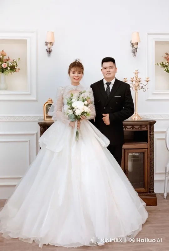 Elegant Bride and Groom Celebrate in Decorated Room – AI Generated Video | Hailuo AI
