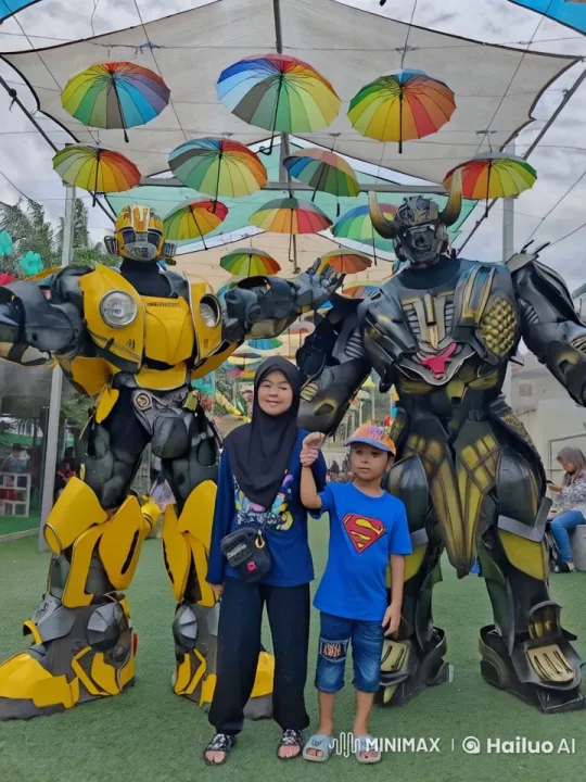 Family Poses with Fighting Robots at Colorful Umbrella Event – AI Generated Video | Hailuo AI