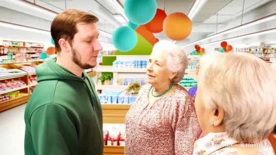Man Kisses Five Grandmothers in Joyful Market Scene – AI Generated Video | Hailuo AI