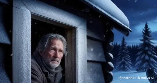 Winter Solitude: Elderly Contemplates Snowy Cabin Scene – AI Generated Video | Hailuo AI