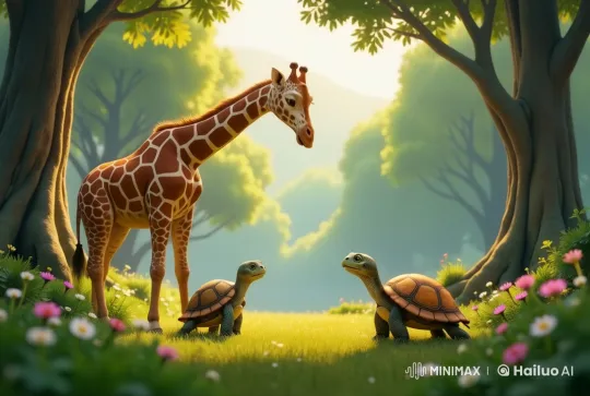 Baby Giraffe and Turtles in Lush Forest Clearing – AI Generated Video | Hailuo AI