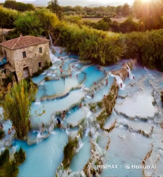 Tranquil Hot Spring: Cascading Water, Relaxing People – AI Generated Video | Hailuo AI