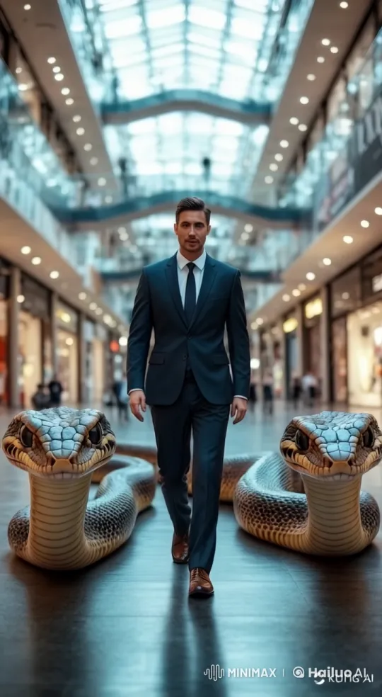 Man in Suit Strides Through Mall with Lifelike Snakes – AI Generated Video | Hailuo AI
