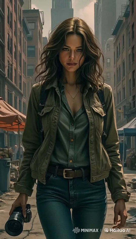 Female Photographer in Dystopian Street - Determined Stare – AI Generated Video | Hailuo AI