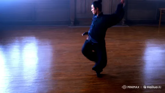 Martial Artist's Graceful Mastery in Dimly Lit Dojo – AI Generated Video | Hailuo AI