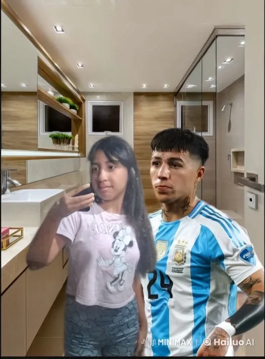 Girl in Minnie Shirt Takes Selfie with Man in Argentina Jersey – AI Generated Video | Hailuo AI