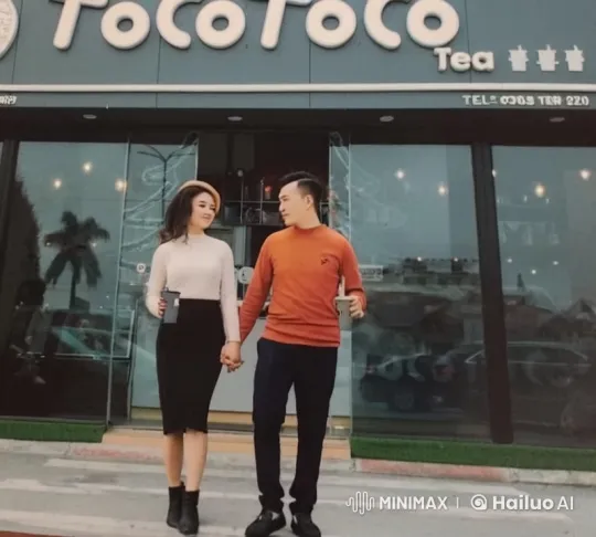 Couple Engages in Playful Martial Arts Outside Toco Toco Tea Store – AI Generated Video | Hailuo AI