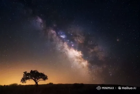 Milky Way and Solitary Tree: A Tranquil Cosmic Dance – AI Generated Video | Hailuo AI