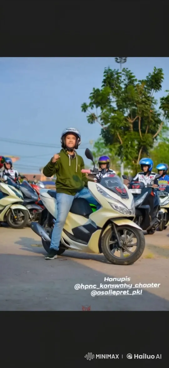 Boy in Green Hoodie Energetically Mounts Motorbike at Gathering – AI Generated Video | Hailuo AI