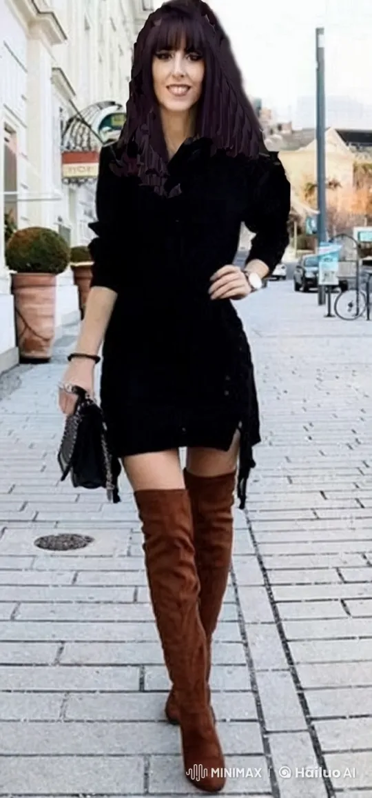 Stylish Woman Struts in City in Chic Mini Dress and Boots – AI Generated Video | Hailuo AI