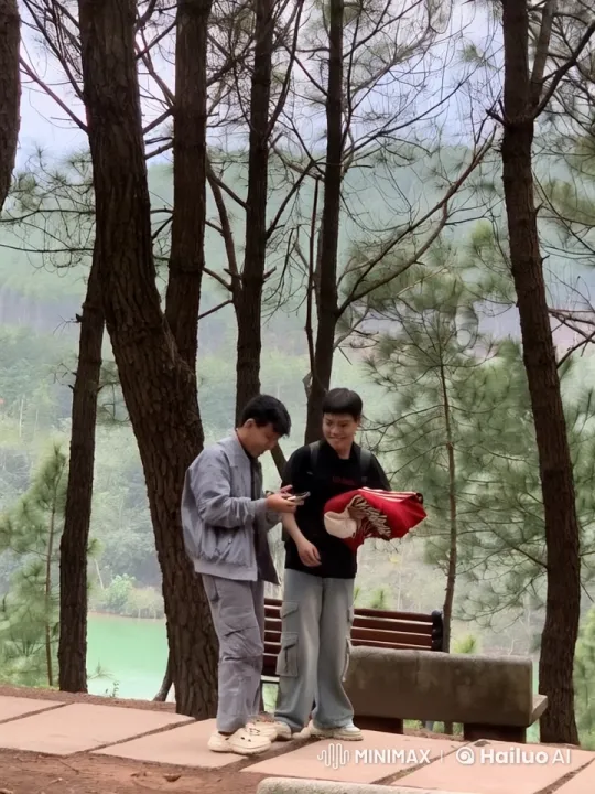 Two Individuals Sharing Content on a Forest Pathway – AI Generated Video | Hailuo AI