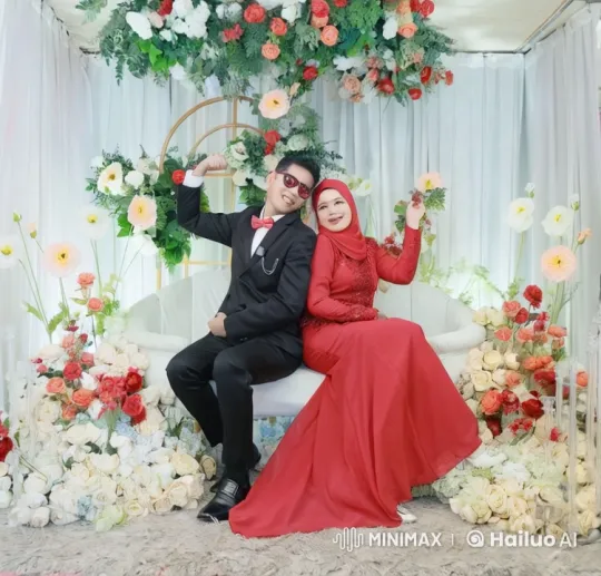 Couple Celebrates with Floral Decor and Joyful Gestures – AI Generated Video | Hailuo AI