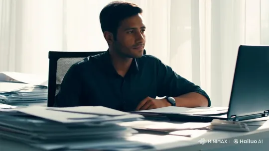Office Worker Arif's Contemplative Moment in Modern Workspace – AI Generated Video | Hailuo AI