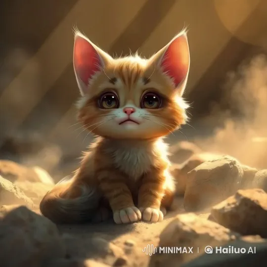 Cute Cat Amid Rocks, Softly Meowing in Warm Light – AI Generated Video | Hailuo AI