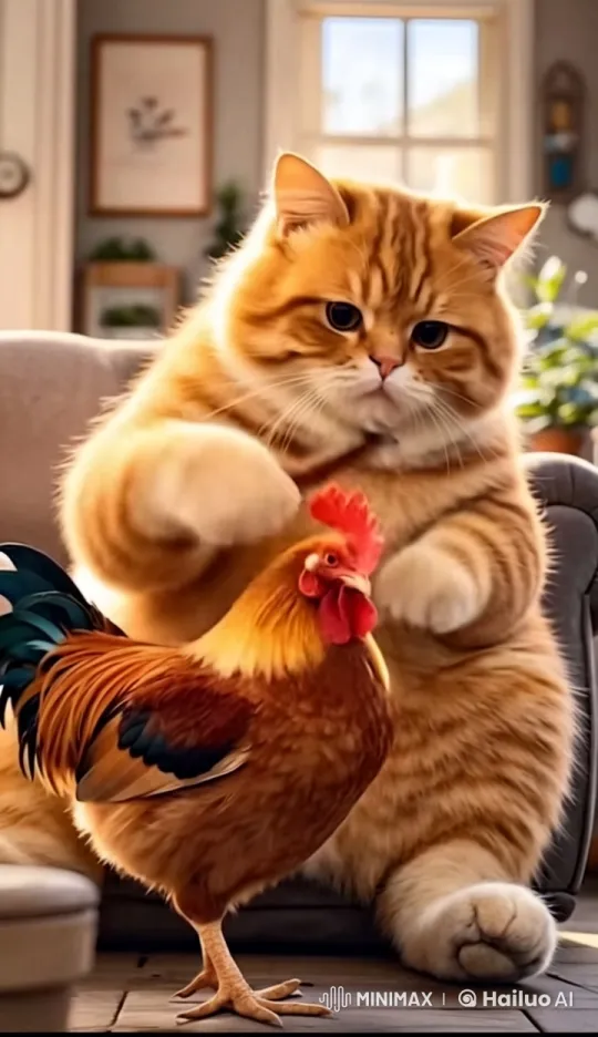Chubby Cat and Colorful Rooster Share Cozy Moment – AI Generated Video | Hailuo AI