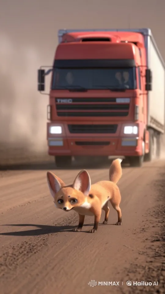 Fox Frolics as Truck Approaches on Dusty Road – AI Generated Video | Hailuo AI