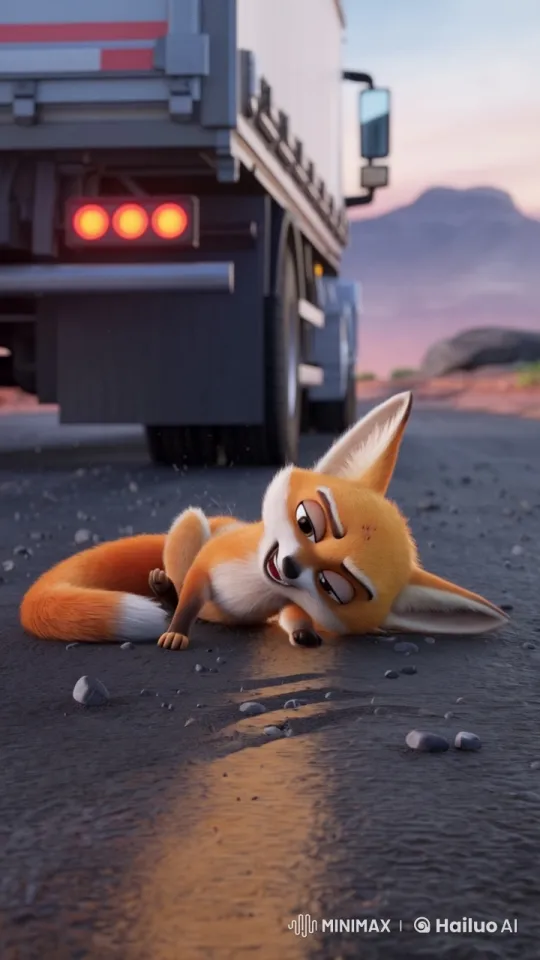 Relaxing Fox and Departing Truck in Serene Landscape – AI Generated Video | Hailuo AI