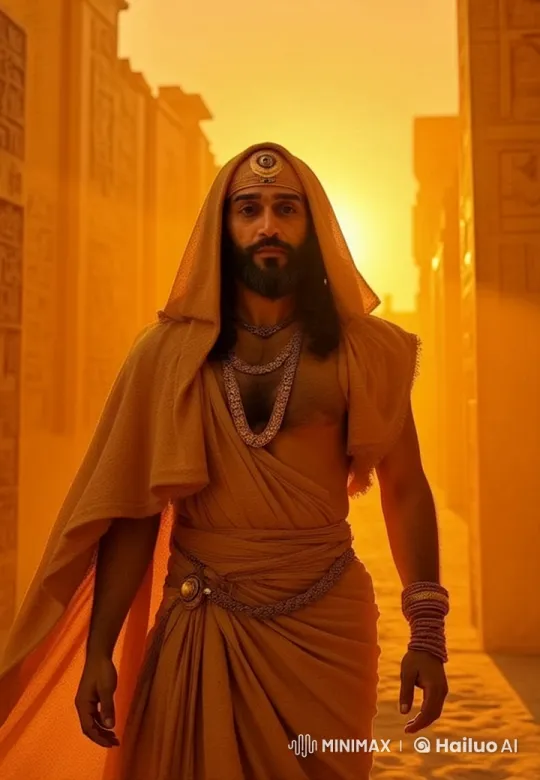 Serene Figure in Golden Robes Amidst Ancient Sunlit Architecture – AI Generated Video | Hailuo AI