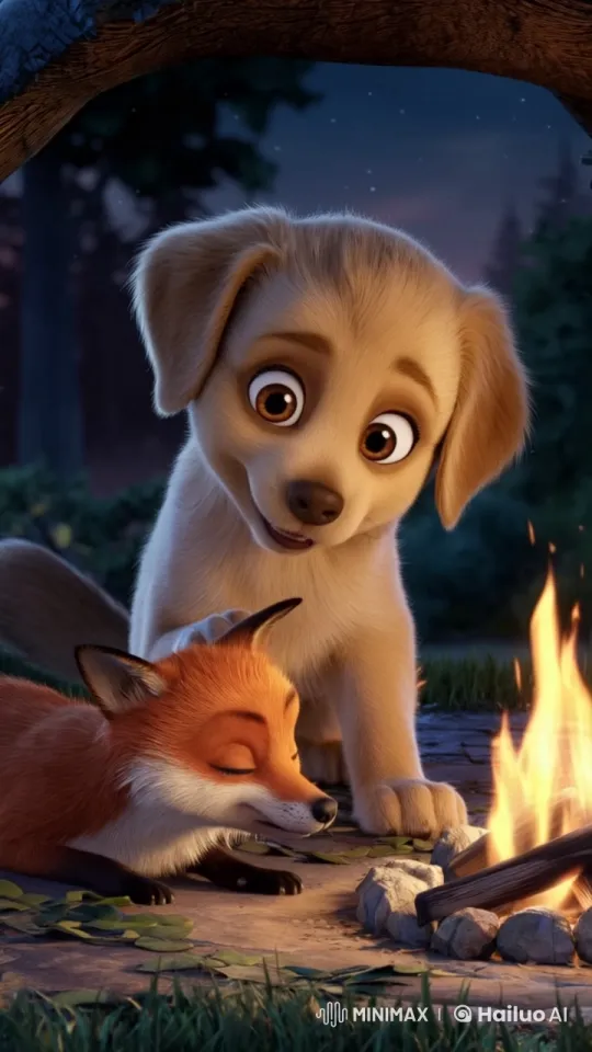 Puppy Admires Sleeping Fox by Warm Campfire – AI Generated Video | Hailuo AI