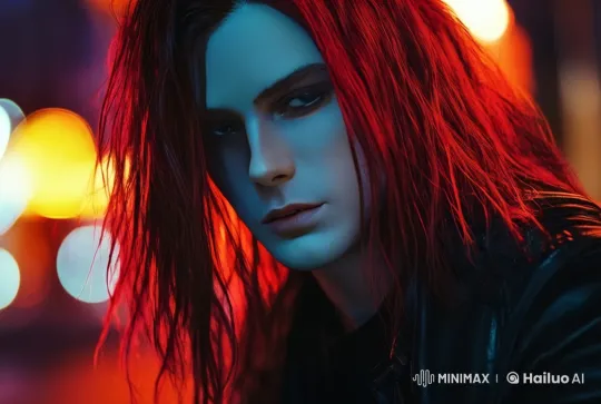 Vibrant Red Hair Under Neon Night Lights – AI Generated Video | Hailuo AI