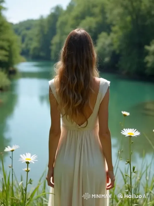 Serene River Landscape with Gentle Ripples and Swaying Daisies – AI Generated Video | Hailuo AI