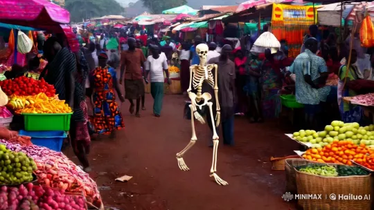 Vibrant Market with Graceful Skeleton – AI Generated Video | Hailuo AI