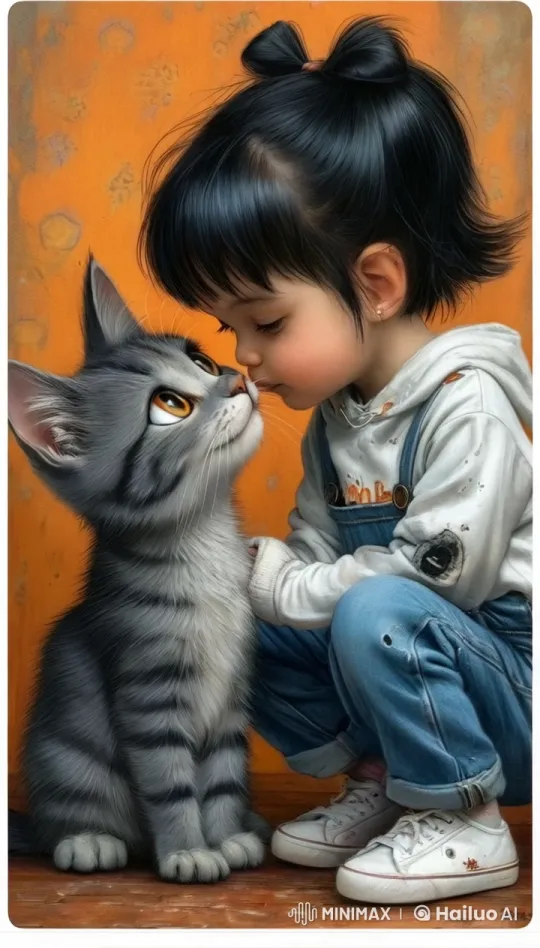 Girl With Bow Bun Bonds with Cuddly Kitten – AI Generated Video | Hailuo AI