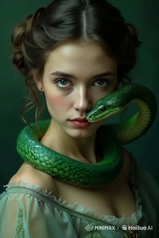 Enchanted Serenity: Woman with Moving Green Snakes – AI Generated Video | Hailuo AI