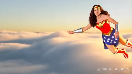Wonder Woman Soars Gracefully Through Sunset Sky – AI Generated Video | Hailuo AI