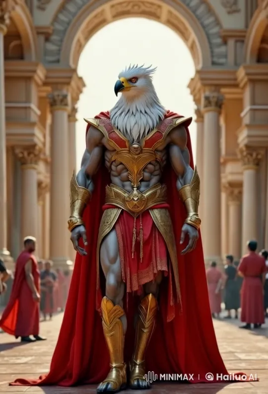 Eagle-Headed Warrior in Ancient Setting Walking Through Courtyard – AI Generated Video | Hailuo AI