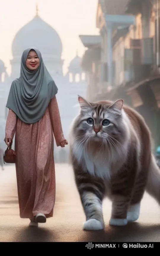 Woman and Cat Stroll Gracefully Down Picturesque Street – AI Generated Video | Hailuo AI