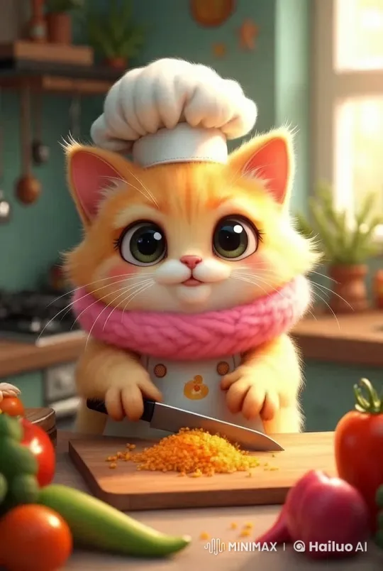 Orange Kitten Chef Prepares Veggie Delights – AI Generated Video | Hailuo AI