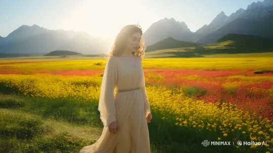 Young Woman in Serene Meadow with Majestic Mountains – AI Generated Video | Hailuo AI