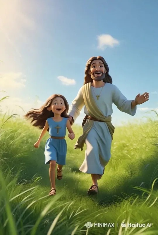 Girl and Jesus Run Joyfully in Serene Meadow – AI Generated Video | Hailuo AI