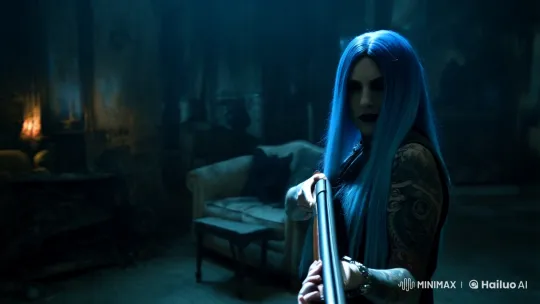 Tattooed Beauty with Shotgun in Haunted Setting – AI Generated Video | Hailuo AI